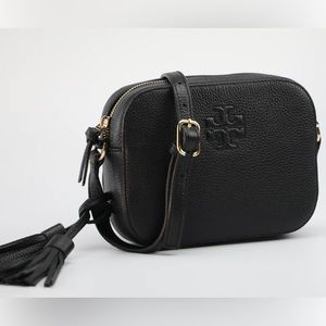 Tory Burch “Thea” black leather camera bag with gold hardware